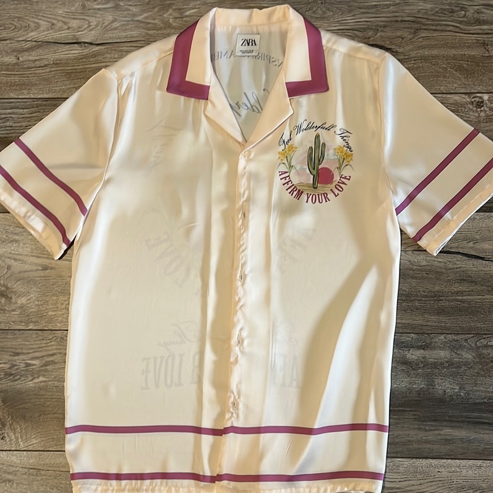 Zara Cream and Pink Casual Button Down Shirt